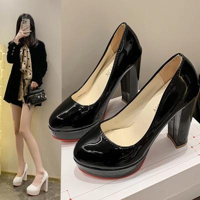 Мода 2024Водонепроницаемая лакированная женская обувь Толстая платформа Круглый носок Для профессиональной работы Черные туфли для платья