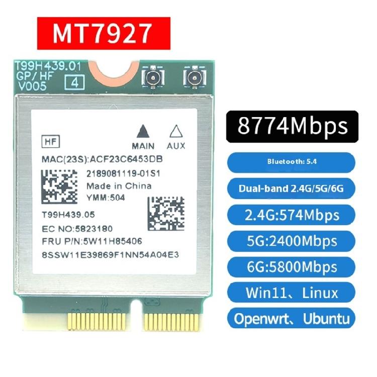 Передовые технологии MT7927 WiFi7 Беспроводные адаптеры NGFFs M.2 Интерфейсы 320 МГц Полоса пропускания 6 ГГц Канал 8774 Мбит/с Металлический корпус