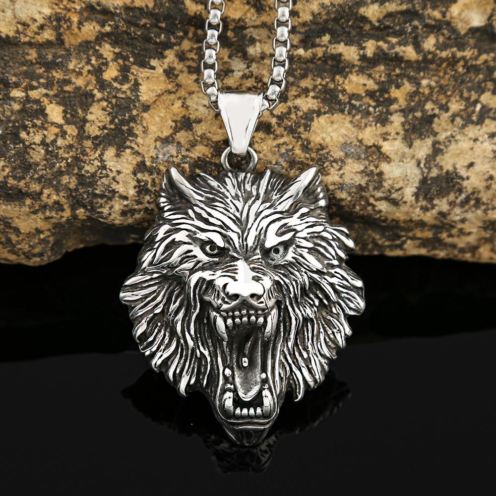 Nordic Hip Hop Retro Titanium Steel Men's Necklace Does Not Fade Domineering Personality Stainless Steel Viking Wolf Head Pendant