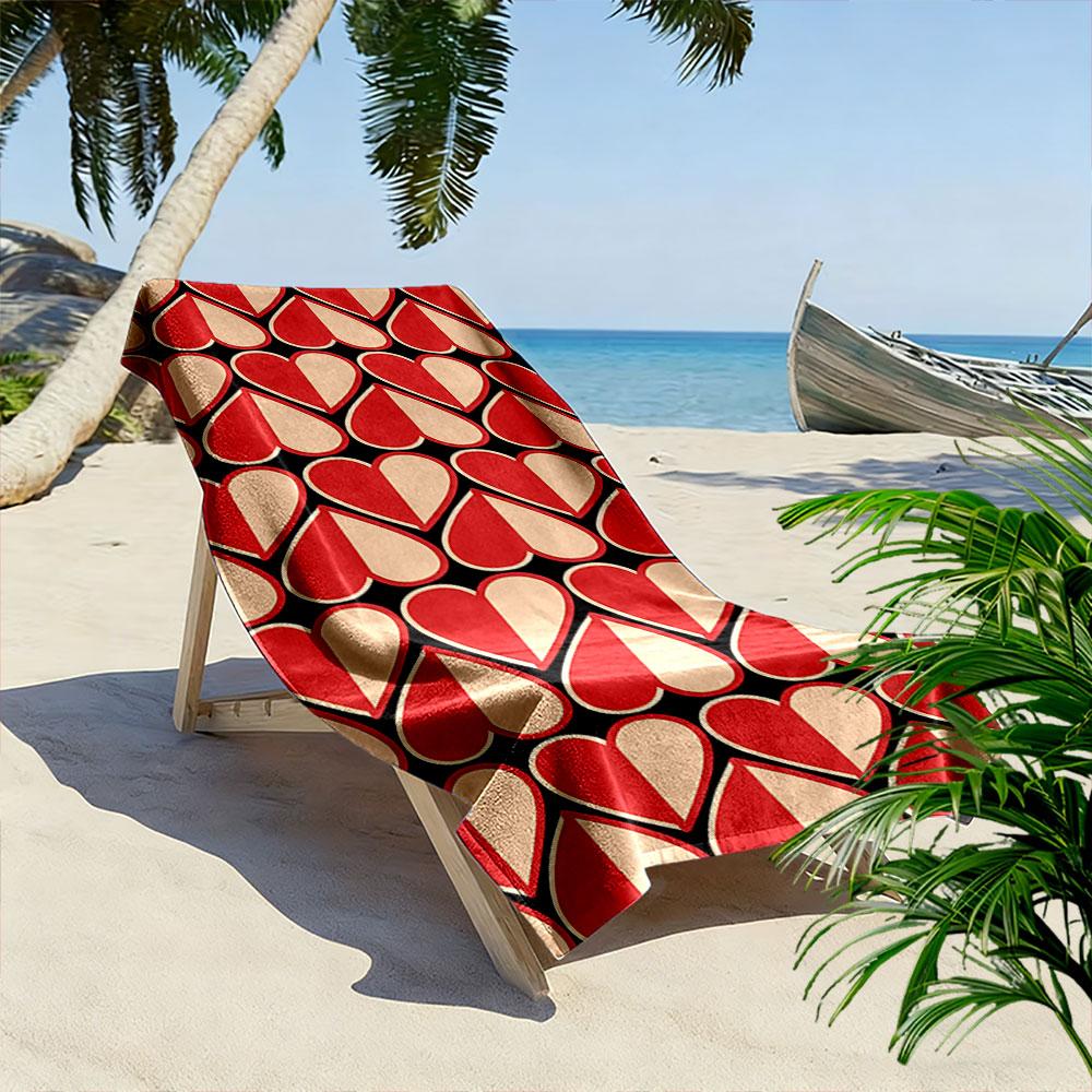 Red and Beige Heart Pattern Towel Beach Towel Quick-drying for Travel Outdoor Sports Jogging Beach and Swimming