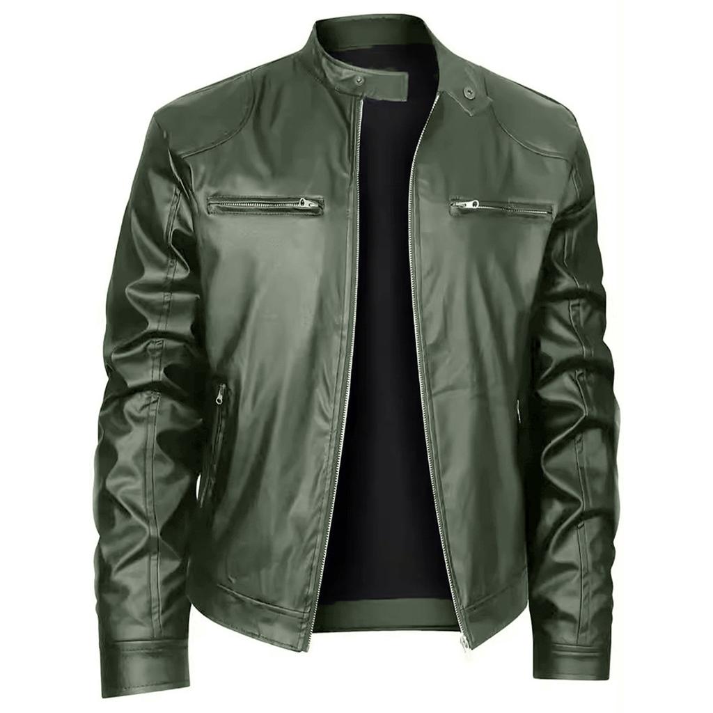 High quality men's stand-up collar European size leather jacket zipper pocket decorative leather jacket locomotive men's leather jacket