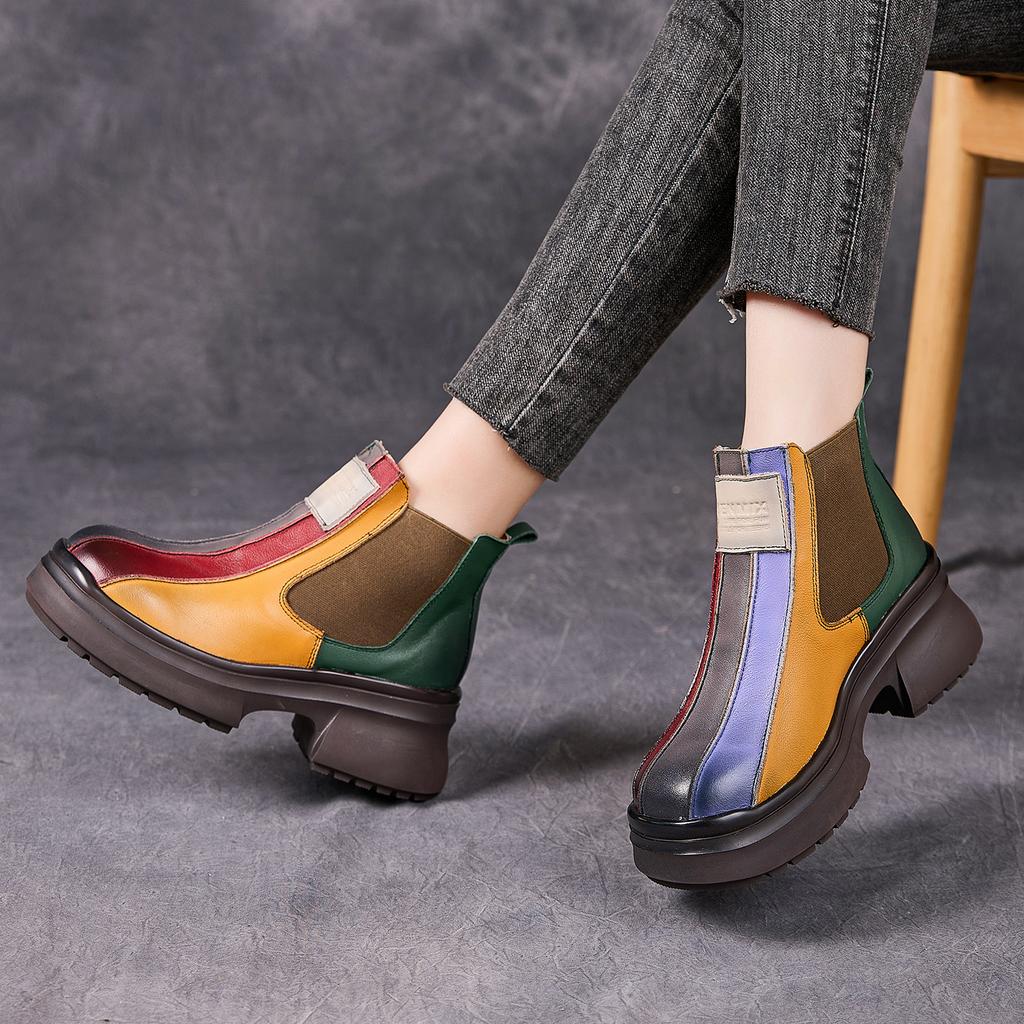 Fashion GKTINOO Autumn Winter Retro Women Genuine Leather Short Boots Square Heels Shoes Thick Sole Casual Ladies Platform Women's Boots