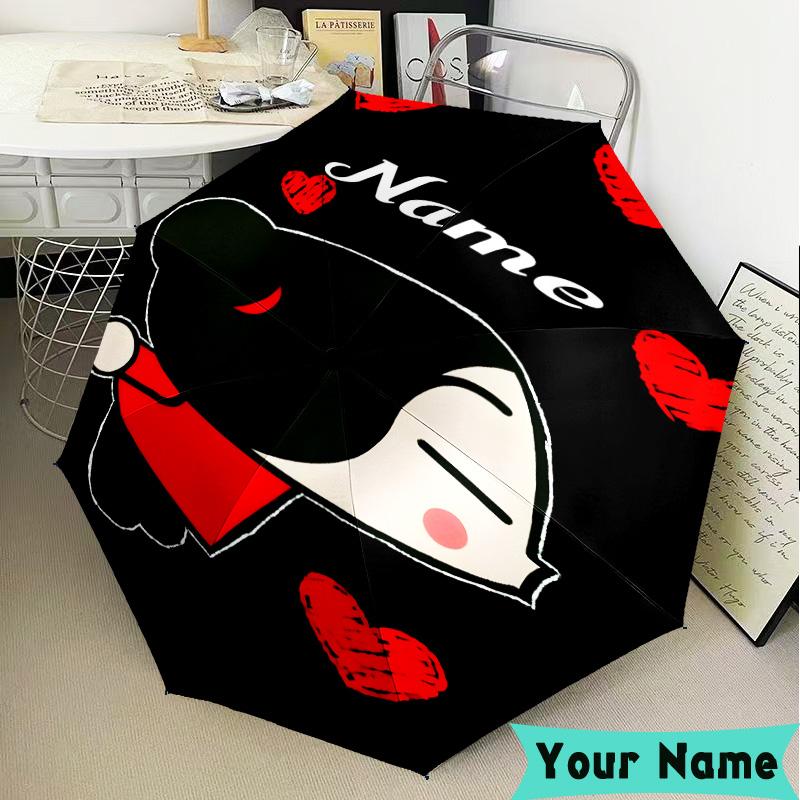 Custom Name Heartfelt Pucca Love Umbrella, Foldable Umbrella Suitable for Outdoor Shopping Travel Sports, Exquisite Gift for Family