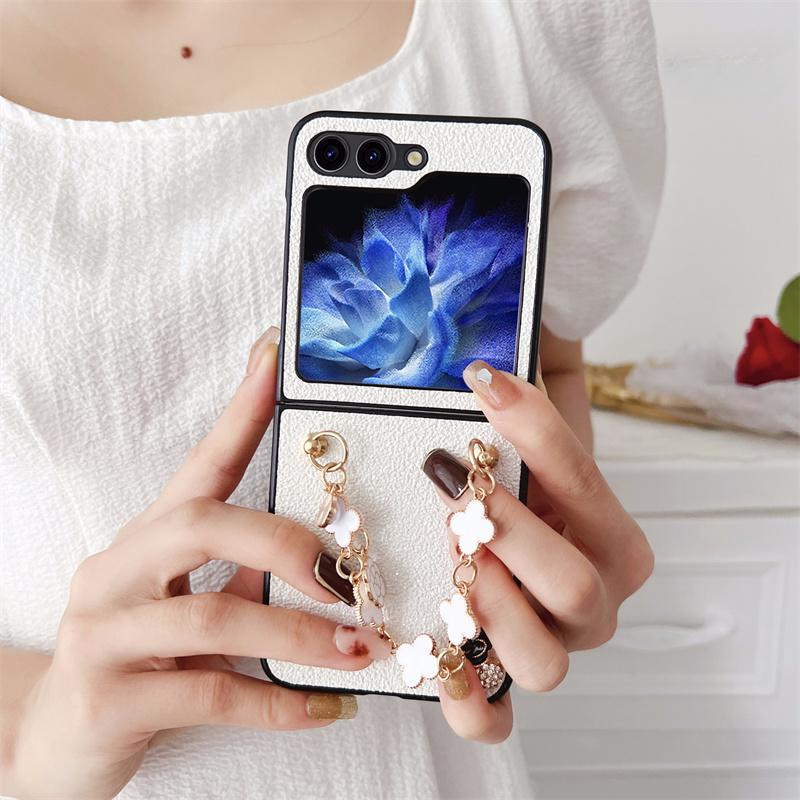 Модный милый чехол для телефона с цветочной цепочкой для Samsung Galaxy Z Flip 5 4 3 Z Flip4 Flip5 Flip3 5G, блестящие кожаные чехлы Funda