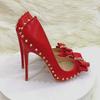 Red Matte Women Pointy Toe High Heel Shoes with Bow Sexy Spikes Rivets Stiletto Pumps 8cm 10cm 12cm Colors Customize 34-46