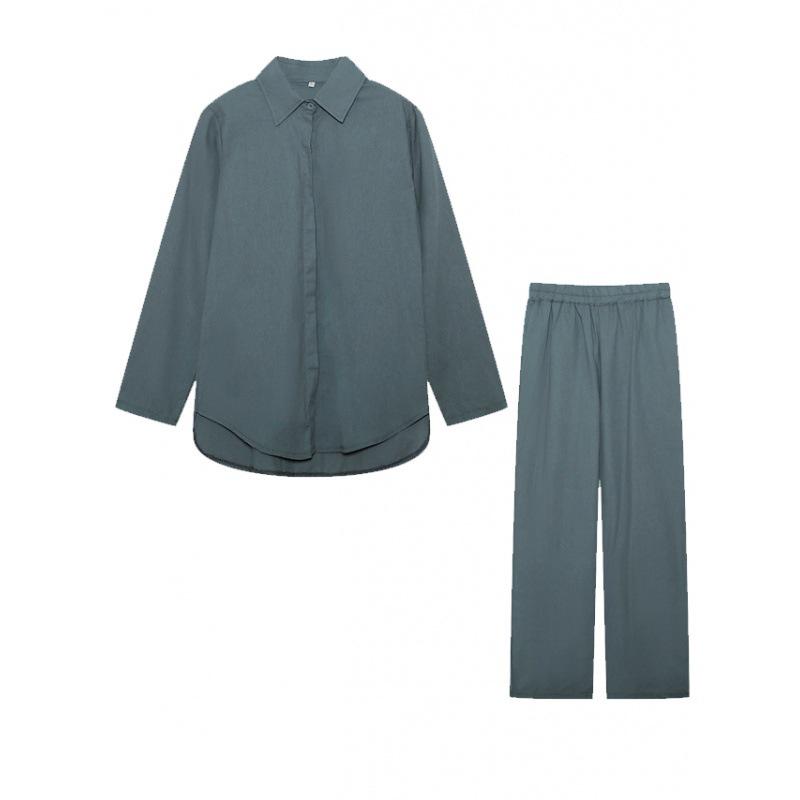 2023 Women's Casual Two-Piece Suit: Lapel Long-Sleeve Shirt & Wide-Leg Pants for Spring & Autumn