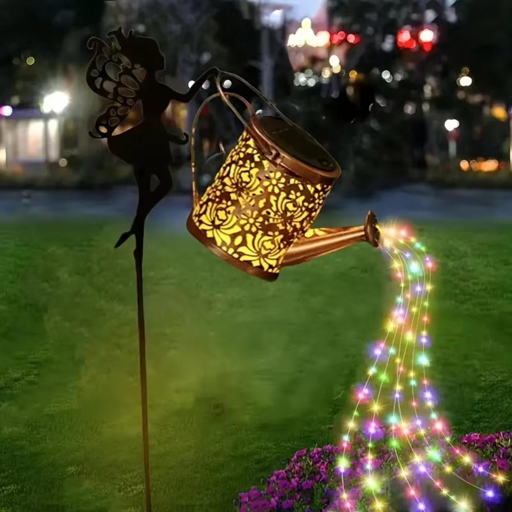Metal Material Watering Can Lights Solar Powered Vintage Garden Decor Outdoor Yard Decoration