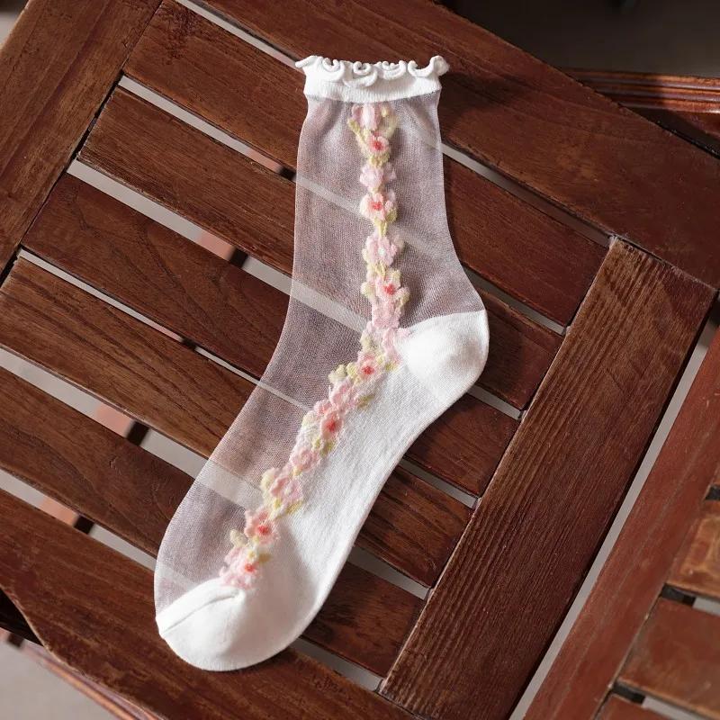 Lolita Kawaii Ruffle Socks Women Ultra-thin Transparent Summer Crystal Silk Socks Floral Embroidery Girls Cute Nylon Long Socks
