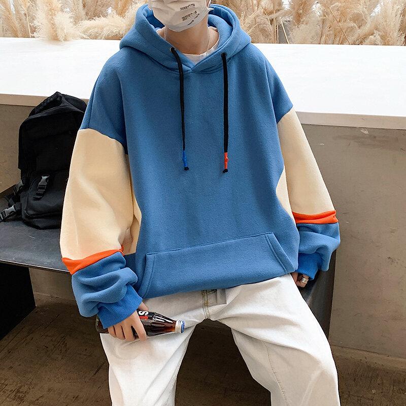 Hong Kong Style Color-Block Loose Hoodie for Men, Trendy Spring/Autumn Casual Pullover, Couple's Wear, Hooded Jacket