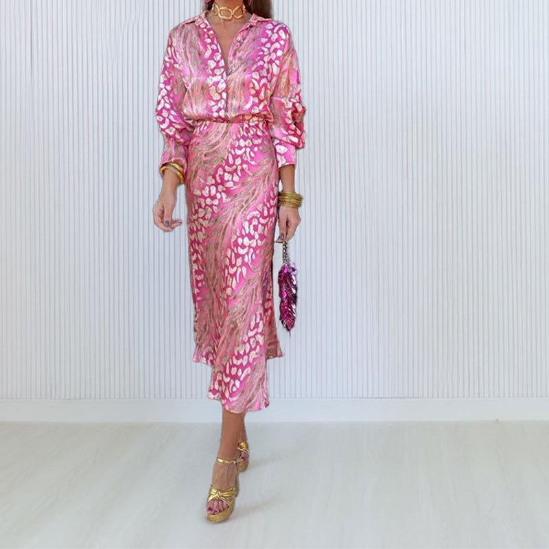 Women Elegant V Neck Long Sleeve Printed Shirt Midi Dress Two Piece Set
