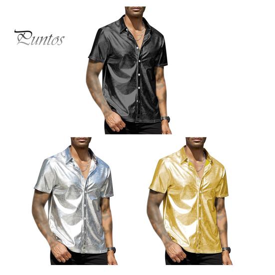 Мужская летняя рубашка с глянцевой поверхностью, отложным воротником, однобортный кардиган, свободная рубашка для вечеринок, повседневная одежда средней длины, топ