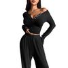 Women Two Piece Sets Sexy V-neck Long Sleeve Shirts Loose High Waist Wide Leg Pant Sets Lady Running Tracksuits