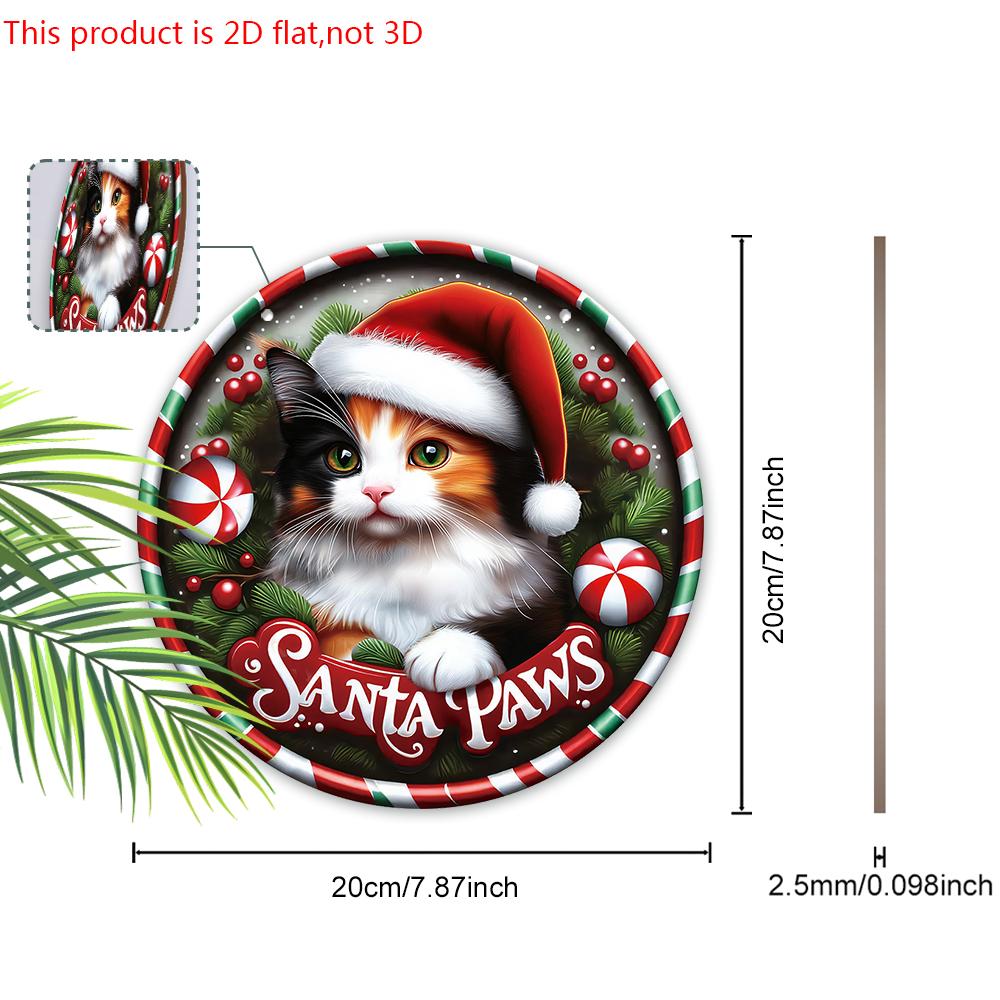 Christmas Wooden Sign with Cat & Santa Paws - Navidad Round Sign for Front Door, Wall Hanging Decor - Ideal Christmas Gift