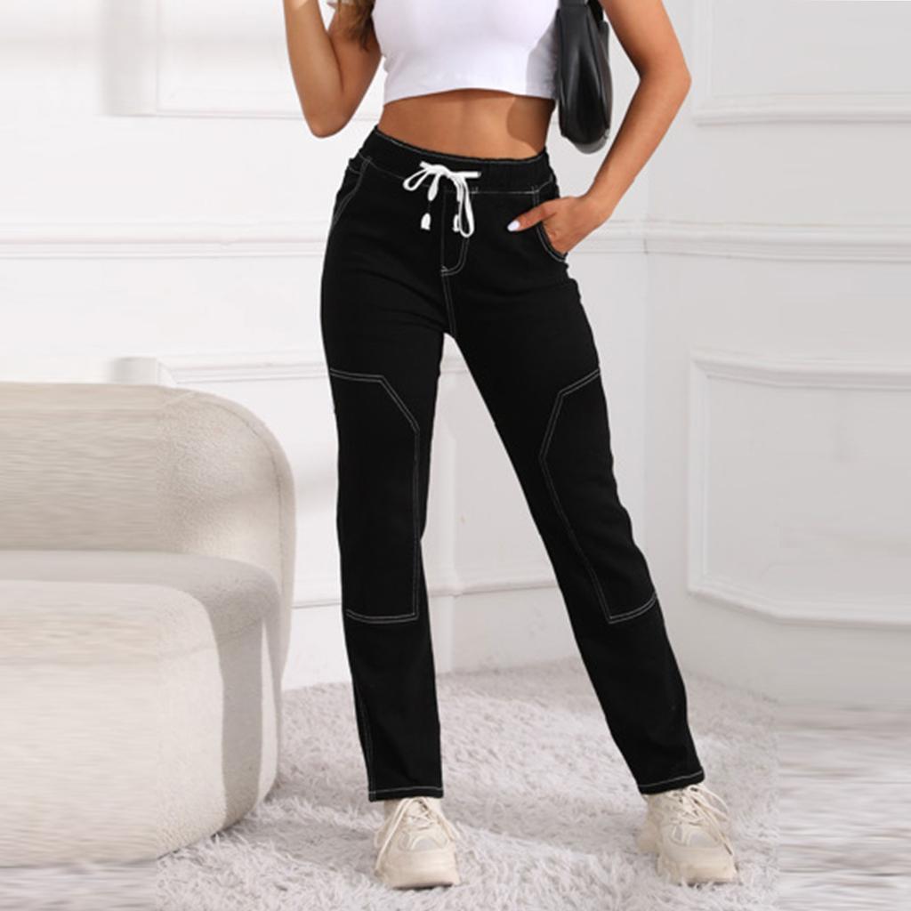 Girls Fashion High Waist Elastic Drawstring Elastic Waist New Fashion Straight Jeans