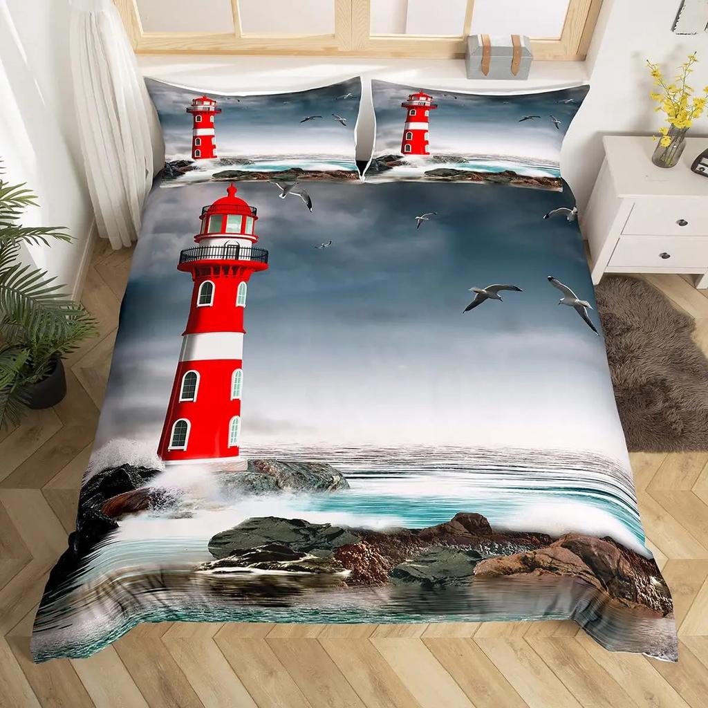 Vintage Nautical Anchor Duvet Cover Set Sailing Lighthouse Bedding Cover With Pillowcase Quilt Cover Three-Piece Set