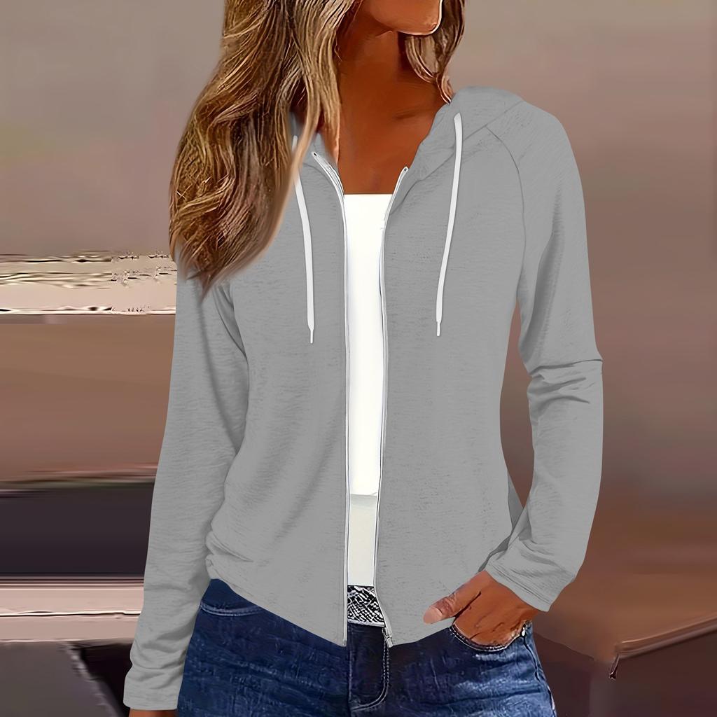Женская мода повседневная застежка-молния с капюшоном и длинным рукавом толстовки пальто