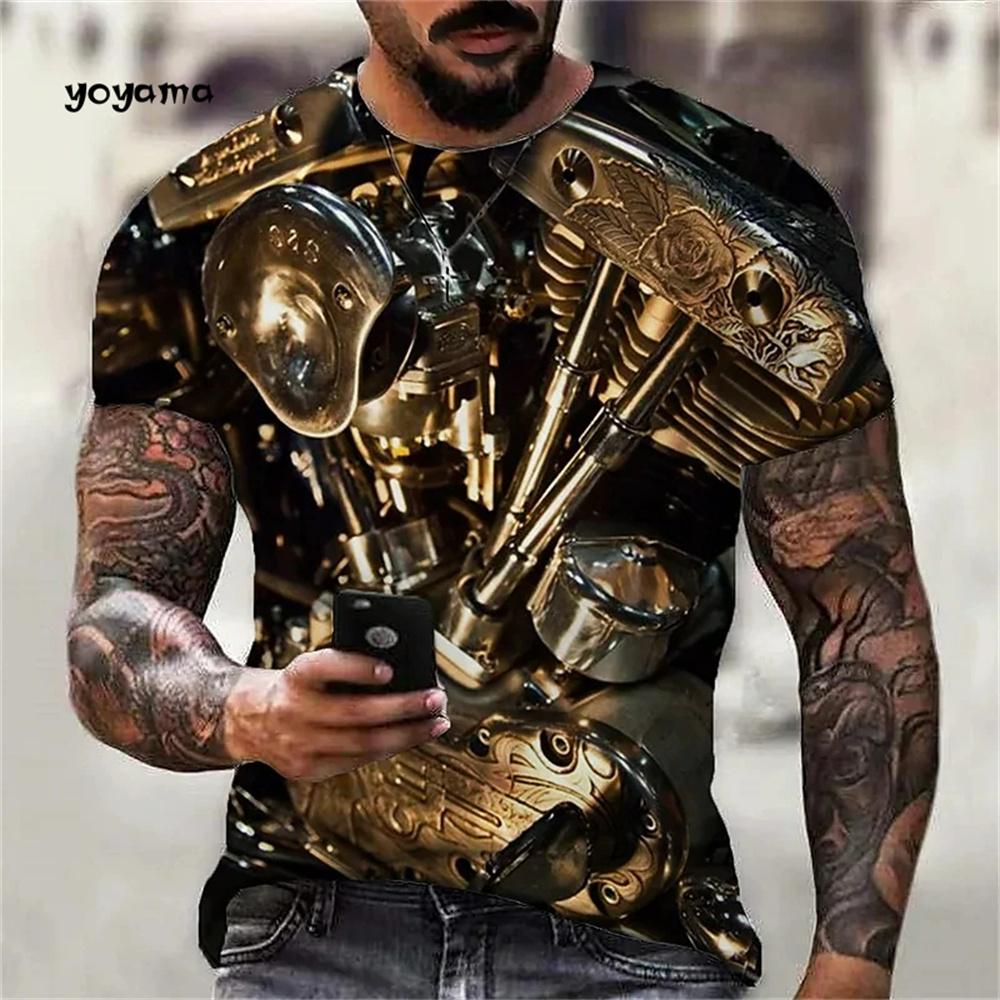 Мужская футболка с принтом в виде ретро-двигателя мотоцикла 3D, летняя дышащая футболка с коротким рукавом и круглым вырезом, мужская повседневная уличная одежда