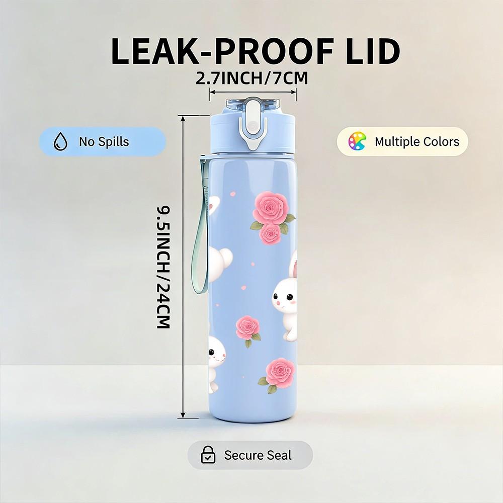 1PC Cute Bunny Floral Easter Pattern 750ml Color Plastic Sports Water Bottle Leakproof Flip Straw Lid Suitable for Sports Office Home Use