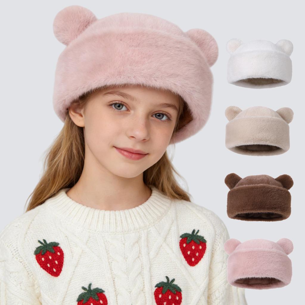 7-15 Years Old Kids Thick Soft Warm Thermal Daily Use Party Travel Bear Ear Faux Fur Beanie Hat