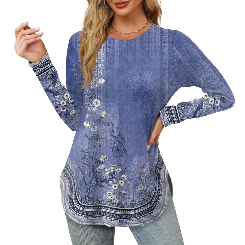 Женские рубашки с длинным рукавом и круглым вырезом, базовые свободные туники с боковым разрезом, повседневные рубашки с цветочным принтом