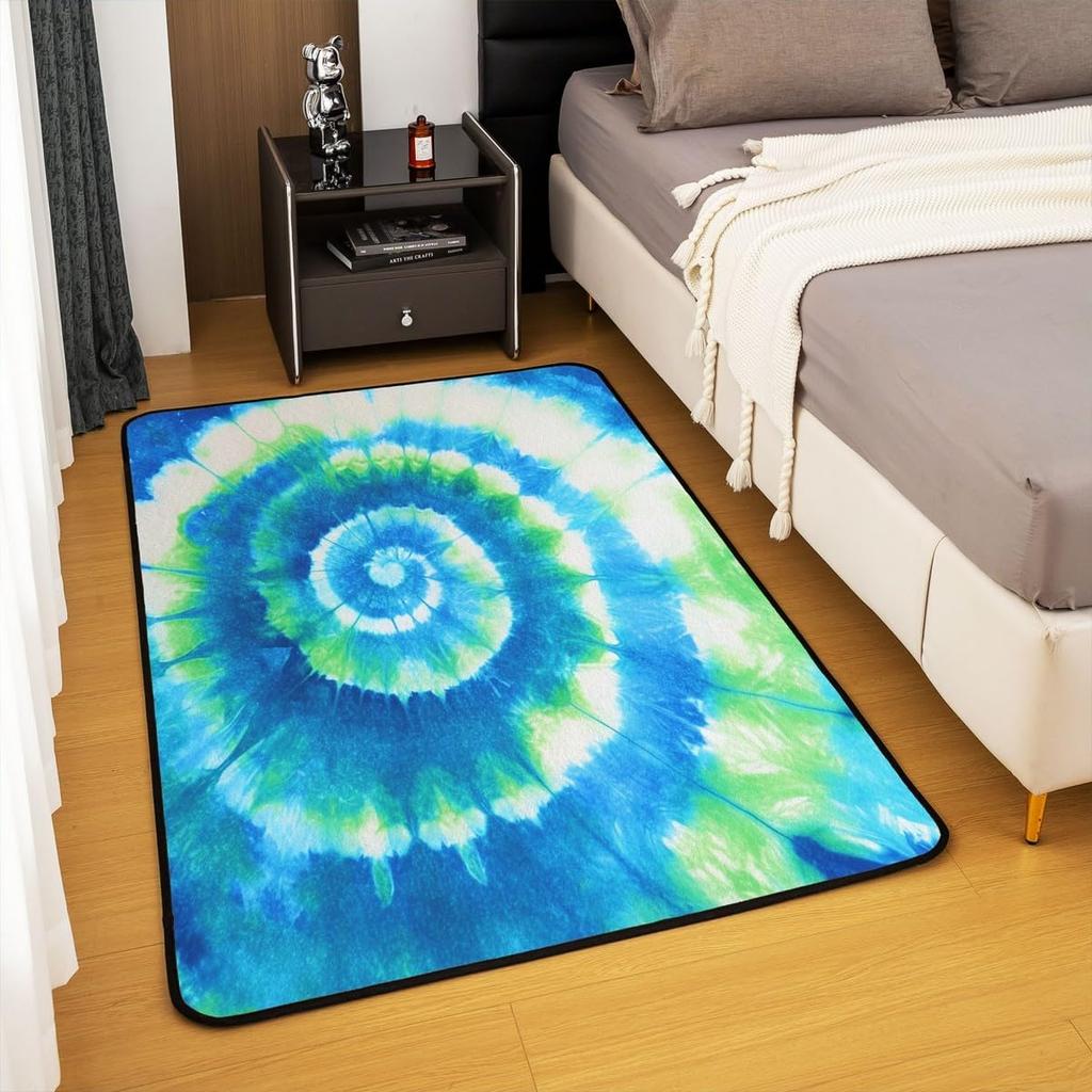 Boho Tie Dye Area Rug for Living Room and Bedroom, Trippy Swirl Hippie Carpet, Soft Bohemian Gypsy Floor Mat