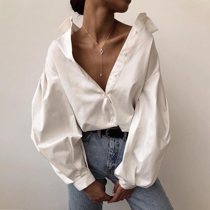 2023 Lantern Sleeve Elegant Shirt White Black Sexy Button Vintage Blouse Turn Down Collar Office Ladies Shirt Female Casual