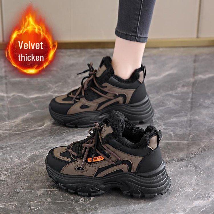 Женские водонепроницаемые кожаные кроссовки на флисовой подкладке - Легкие, Нескользящие, Мягкая толстая подошва, Зимний стиль, увеличивающий рост