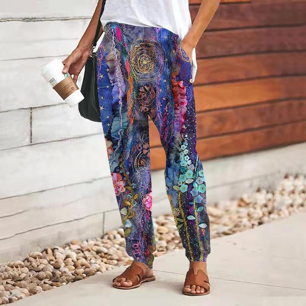 Women 3D The Yellow Rose Print Pants Lace Up Elastic Waist Loose Trousers Casual Long Pants Trousers with Pockets