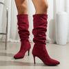 Lucyever Большие размеры Красные сапоги до колена Женские Осенние Новые Искусственные Замшевые Высокий Каблук Длинные Лодочки Mujer Плиссированные Сапоги Без Застежек Для Женщин