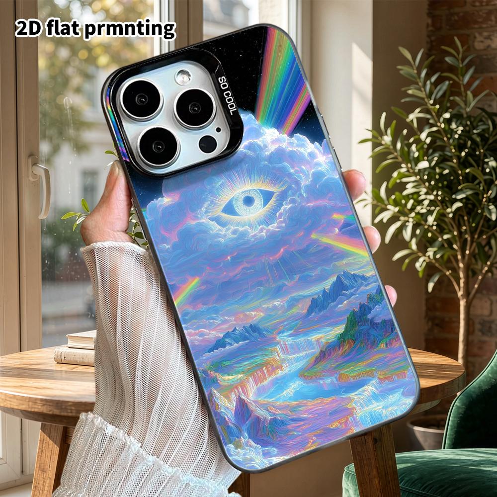 Phone Case: 2D flat design suitable for iPhone 18 17 16 15 14 13 Pro, colorful silver protective case, couple style, Eye of Heaven rainbow mountain, C