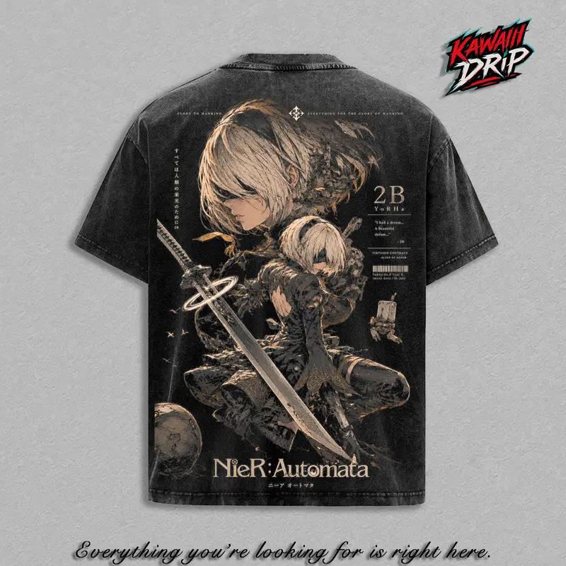 Футболка с принтом YoRHa No.2 Type B Игра NieR Одежда Мужская Женская Хлопковые Футболки Ретро Стирка Футболки Харадзюку Унисекс Оверсайз Топы