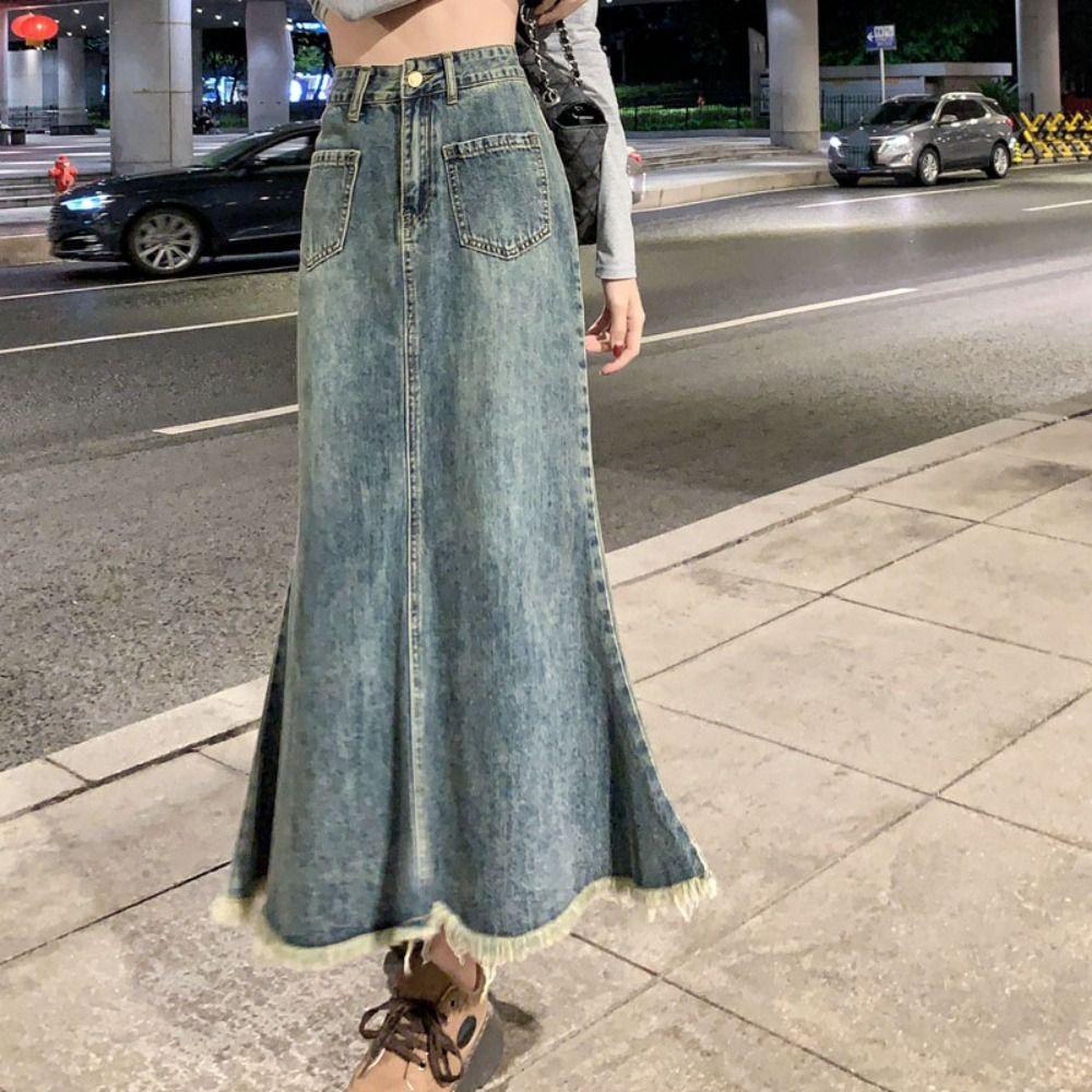 Retro Denim Skirt Women Solid Color Hairy Fishtail Skirt Simple High Waist Long Skirt Daily