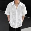 Мужские рубашки оверсайз с коротким рукавом, кружевной ажурной вставкой, повседневные свободные топы