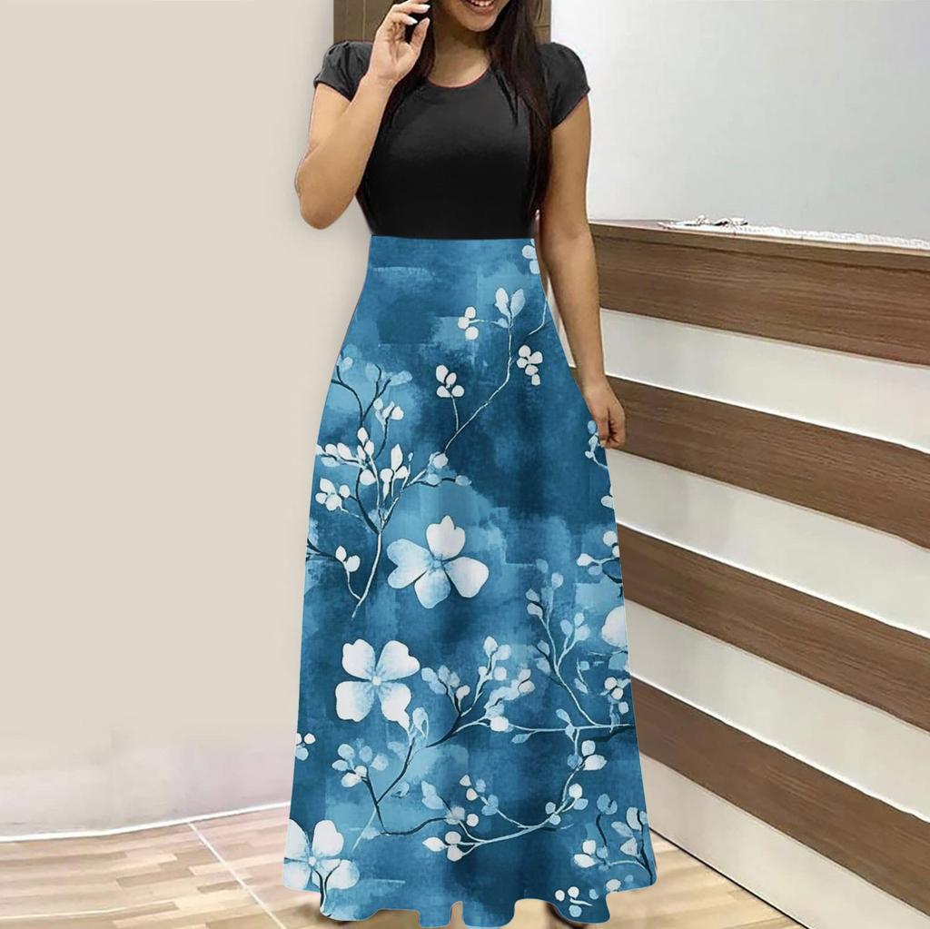 Женская мода повседневные свободные принтованные платья с круглым вырезом и коротким рукавом длинные платья с коротким рукавом длинные платья