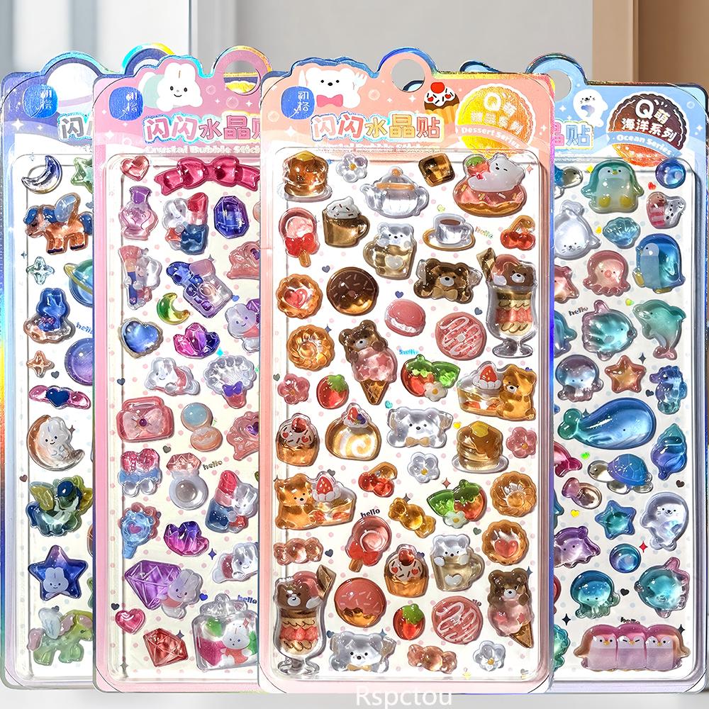 4Pcs Cute Creative Cartoon Bear Rabbit 3D Relief Stickers Marine Animals Jelly Crystal Sticker Luggage Guitar Diy Kawaii Decals
