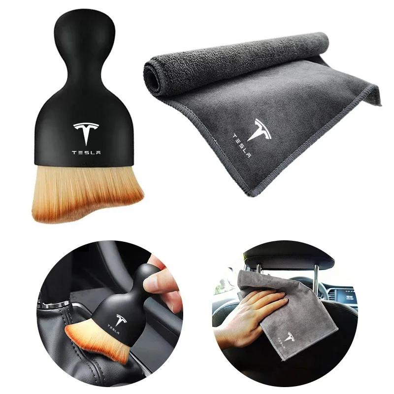 Sticker Tesla Car Towel Suede Double-sided Car Cleaning Cloth with Car Detail Cleaning Brush For Tesla Model S X Y 3 Roadste