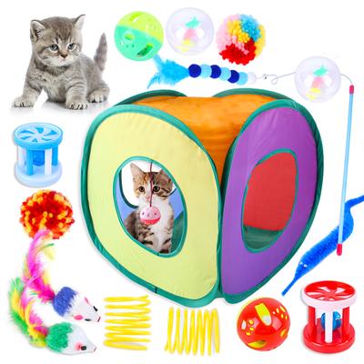 Игрушки для кошек, набор из 15 игрушек для котят, интерактивные игрушки для кошек, живущих в помещении, со складной палаткой-туннелем для кошек, интерактивная игрушка-перо для кошек