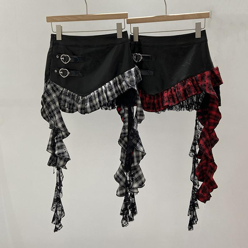 French irregular ruffle edge skirt plaid splicing leather skirt love buckle personalized retro Spice Girl short skirt women's autumn