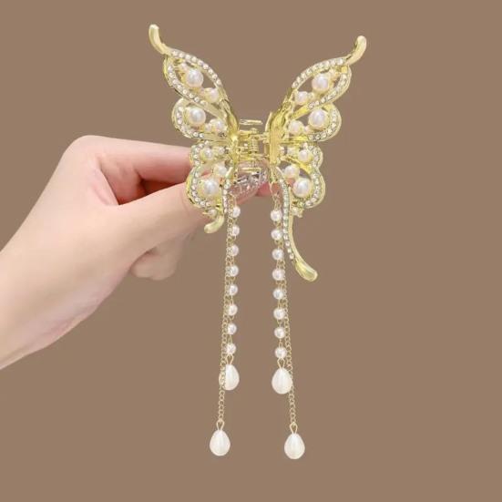 Hair Claw Long Fringe Faux Pearls Butterflies Decor Hair Clips Women Girls Hairstyles Home Outdoor Playing Hair Decoration
