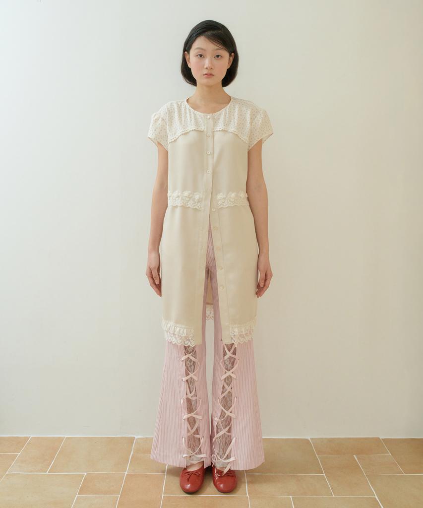Sennyu Flower Lace Cake Shirt Dress (Beige)