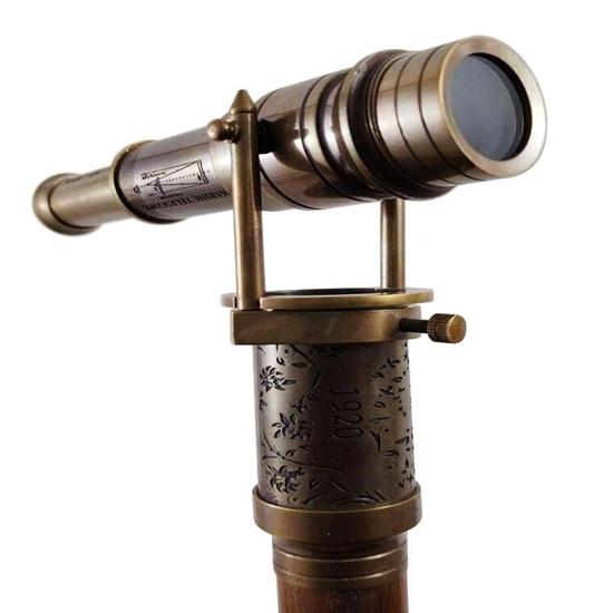 Brass Telescope Walking Stick Cane, Wooden Handle Compass, Antique Gift for Parents