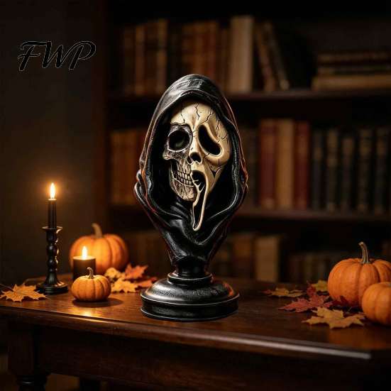 Gothic Home Decor Halloween Ghost Face Skeleton Bust Statue, Spooky Resin Figurine, Distressed Craft Collectible Tabletop Decoration for Party, Office