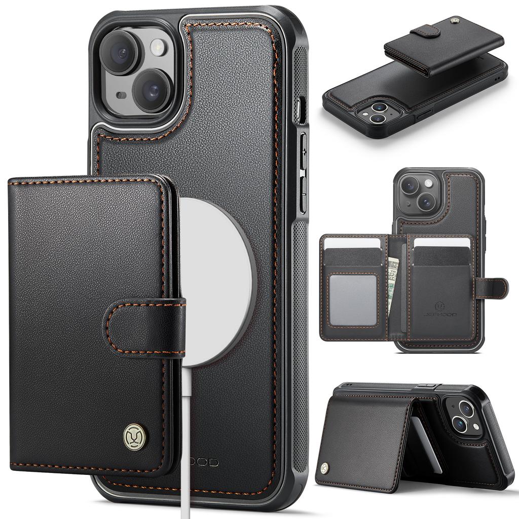 For iPhone 14 Case JEEHOOD J09 RFID Blocking Card Holder Leather Back Phone Cover Compatible with MagSafe