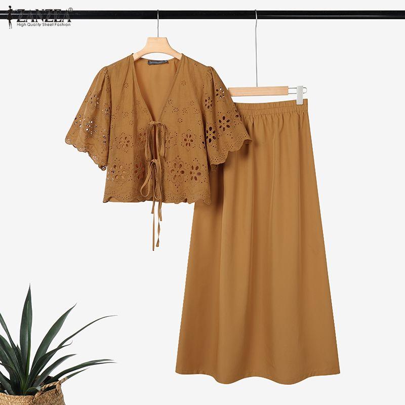 ZANZEA Женская блузка крючком с коротким рукавом и юбки Летние костюмы-двойки