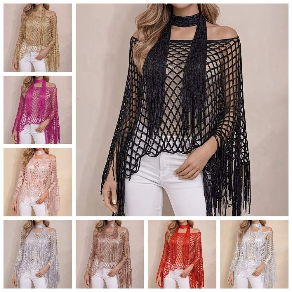 2pcs Tassel Shawl Shawl and Scarf Set Hollowed Out Fringed Cape Summer Sun Shawl  for Swimming