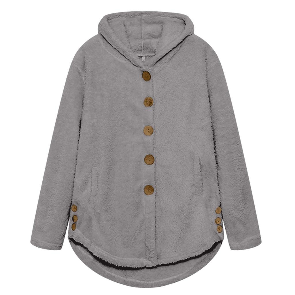 Женская свободная повседневная однотонная плюшевая куртка с капюшоном и длинными рукавами на пуговицах, модная куртка