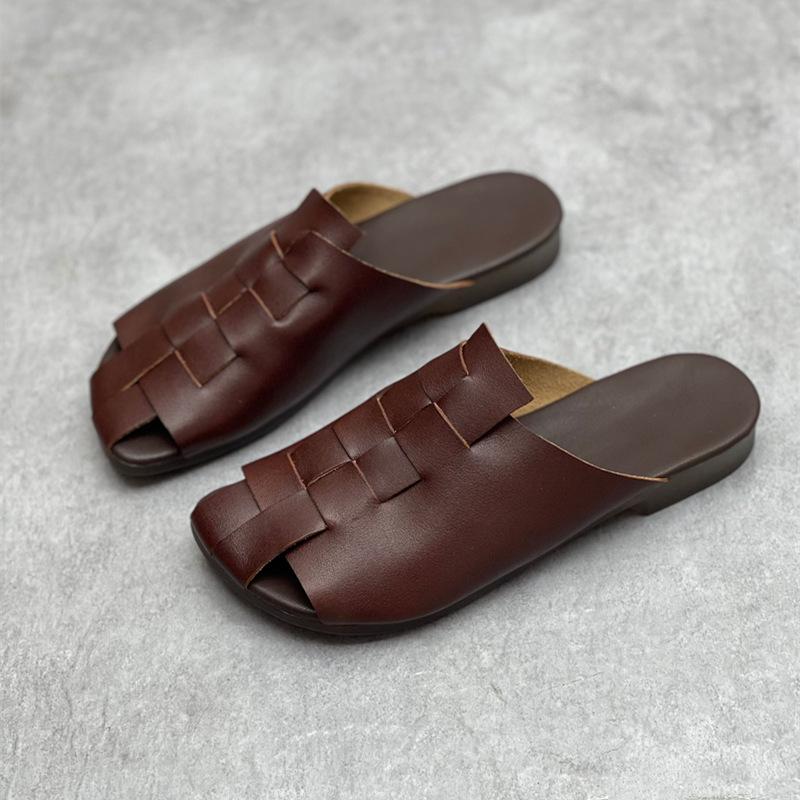 Johnature Плетеные тапочки на плоской подошве из натуральной кожи ручной работы. Женская обувь с круглым носком и мягкой подошвой. Уличные шлепанцы в стиле ретро.