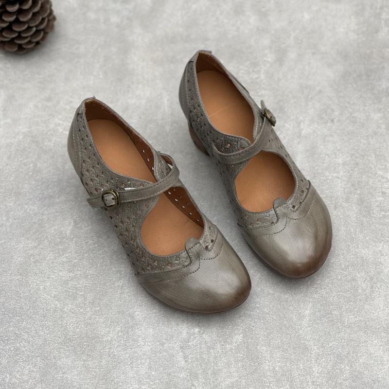 Johnature Винтажные босоножки ручной работы из натуральной кожи на высоком каблуке с выемками, дышащие женские туфли