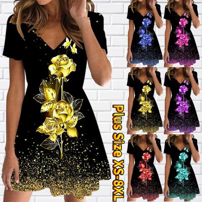 Летняя мода женская V-образным вырезом с коротким рукавом Цветы в цвету Печатное платье Секс Короткая юбка Платья