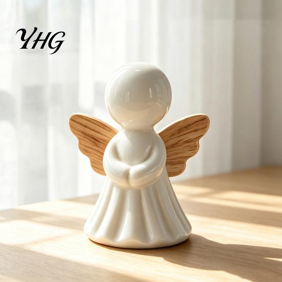 Modern Interior Design Accents Minimalist Angel Figurine with Wood Texture Wings, Compact Statue, Halloween Decorative Ornaments White Sculpture